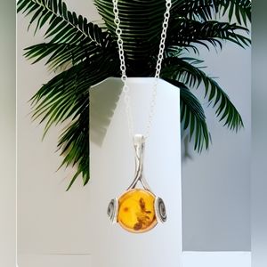Baltic Amber "Cognac "Sphere Pendant Necklace Sterling Silver